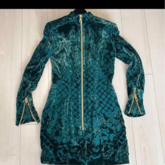 Balmain for H&M Velvet Green Floral Long Sleeve Gold Zip Dress Size 4 - Picture 3 of 5